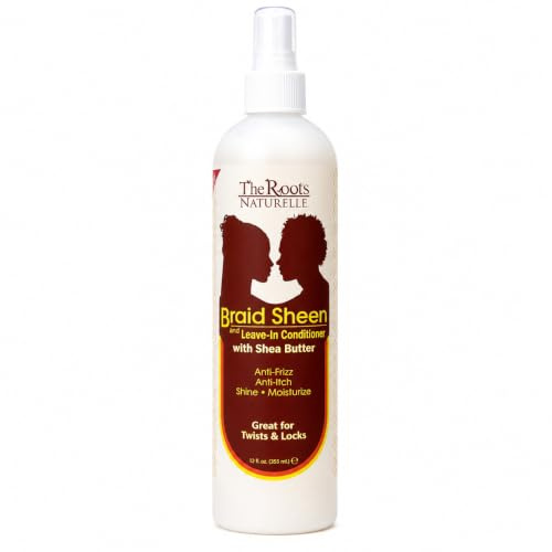 The Roots Naturelle Braid Sheen Braid Spray and Leave in Conditioner Enriched With Shea Butter, Vitamins and Essential Oils. Large 12 Fluid Ounce Bottle