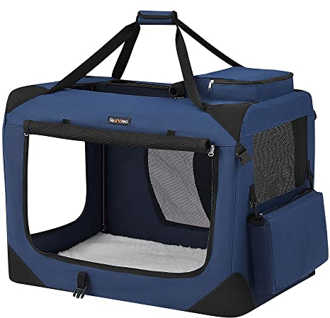 Feandrea Hundebox faltbar, Transportbox Hund, XL, Hundetasche, Oxford-Gewebe, Netzstoff, atmungsaktiv tragbar transportabel, Metallrahmen, mit Griffen, Taschen, 81 x 58 x 58 cm, dunkelblau PDC80Z