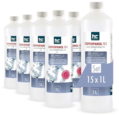 Höfer Chemie Alcool Isopropylique 70% (IPA) 15 x 1 L - Solvant Multiusage | Solvant Nettoyant Dégraissant - Verre, Écrans, Ongles, Vinyles, Tableaux Blancs - Soluble dans l'Eau - Séchage Ultra Rapide