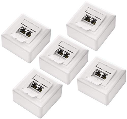 deleyCON CAT 6a Netzwerkdose 2x RJ45 Port 10 Gbit/s, 5 Stück - Weiß | Universal, geschirmt, Aufputz oder Unterputz, 10 Gigabit Ethernet Netzwerk, EIA/TIA 568A&B