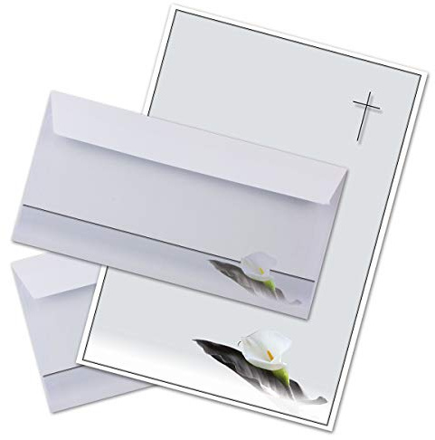 50 x Set Trauerpapier DIN A4 + Trauerumschläge DIN Lang - Motiv Trauerblume mit Blatt - 22 x 11 cm - bedruckbar - Kondolenz Set für Danksagung Trauer