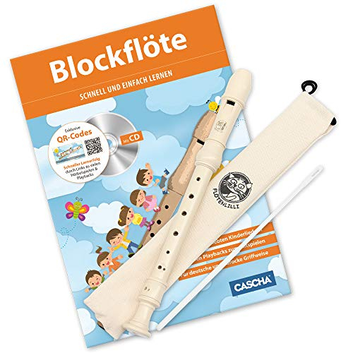 CASCHA,HH 1500,Blockflöten AA8Set, Flöteaus Kunststoff zumLernen für Kinder und Anfängermit Buch, Deutsche Griffweise, Set mit Lehrbuch