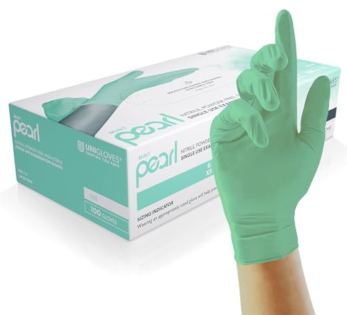 Unigloves Mint Pearl - Guantes de examen de nitrilo - Guantes desechables multiuso, sin polvo y sin látex - Caja de 100 guantes, color menta, pequeños (GP6802)