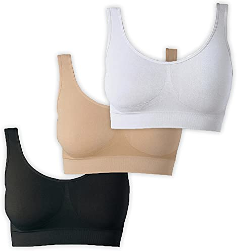 UnsichtBra Bustier Damen BH ohne Buegel | 3er Set Wohlfühl Bustiers Tops | Bügelloser Soft Bra | Schlaf Still Sport Crop Top Büstier schwarz, weiß, beige (wellbra_swh)(3XL)
