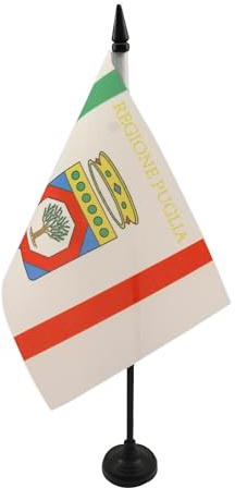 AZ FLAG Drapeau de Table Pouilles 21x14 cm Polyester 100D Socle Plastique | Usage intérieur Drapeau de bureau italien Puglia finition cousue et bords renforcés