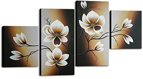 Wieco Art 100% Hand-painted Abstract Floral Oil Painting on Canvas Warm Day Yellow Flowers Bloom Ready to Hang for Living Room Bedroom Home Decorations 4pcs/set