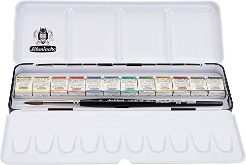 Schmincke – HORADAM® AQUARELL stabiler Farbkasten mit 12 feinsten Aquarellfarben, 1 daVinci Pinsel, 74 740 097, Metallkasten, Malset, feinste Aquarellfarben, 12 x 1/2 Näpfchen