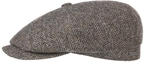 Stetson Hatteras Classic Wool Schiebermütze Herren Flatcap mit Baumwollfutter Fischgrätmuster Ballonmütze Herbst Winter Dunkelbraun 58 cm