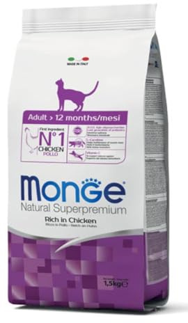 Monge Natural Superpremium Adult Chicken, Trockenfutter für Erwachsene Katzen (Futter aus Huhn, mit Omega-3-Fettsäuren und Vitamin C, hochwertige Rezeptur, ohne Zusatz von Farbstoffen, 1,5 kg)