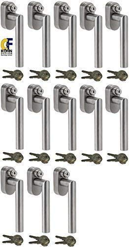 Abschließbarer Fenstergriff L-Form, Sicherheitsklasse ES2 geprüft, Edelstahl matt - Stiftlänge 35 mm, im Set 13 Stück alle gleichschließend mit insgesamt 26 Schlüssel