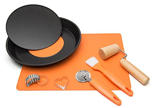 Guardini, Caja para regalo, Set para Tartas: 1 Molde para Tarta Desmontable 28cm, Acero, Color Negro + Lámina para Horno de Silicona +2 ruedas corta pasta +1 pincel +3 cortadores de pasta.