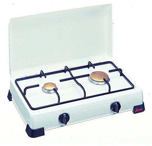 Ardes AR9S02PG Fornello ZEUS Smaltato a Gas GPL 2 Fuochi con Coperchio e Griglia in Piattina Smaltata, Piedini di Appoggio Bianco
