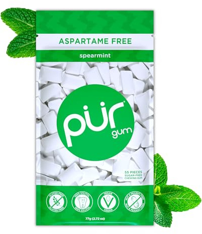 PUR Gum | Gomma Da Masticare Senza Zucchero | 100% Xilitolo | Vegana, Senza Aspartame, Senza Glutine e Amica dei Diabetici | Gomma Naturale Al Sapore Di Spearmint, 55 Pezzi (Confezione da 1)
