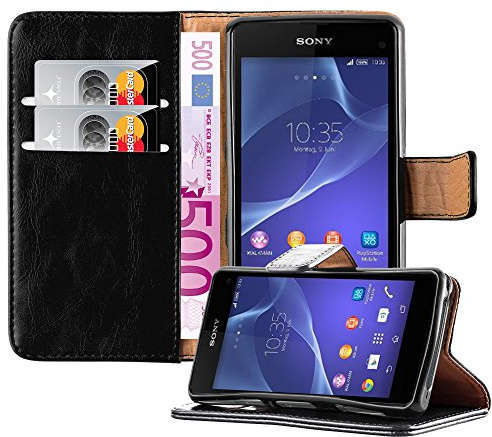 Cadorabo Hülle kompatibel mit Sony Xperia Z1 COMPACT aus Kunst Leder Flip Klappbare Stoßfeste Magnetische [Standfunktion] [Kartenfächern] Cover Hülle für Sony Xperia Z1 COMPACT Tasche in Schwarz