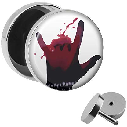 Treuheld | Ohrstecker zum Schrauben - blutige ROCK n ROLL Finger - Hand - Motiv Fake-Plug Ø 10mm Silber - Edel-Stahl Ohr-Ringe - Chirurgen-Stahl 316L Fake-Tunnel - Gewinde Ohr-Stecker