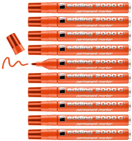 edding 2000 C Permanentmarker - orange - 10 Stifte - Rund-Spitze 1,5-3 mm - schnell trocknender Permanent Marker - wasserfest, wischfest - für Karton, Kunststoff, Holz, Metall - Universalmarker