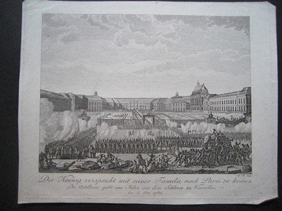 Der Koenig verspricht mit seiner Familie nach Paris zu kommen. Die Artillerie giebt eine Salve vor dem Schlosse zu Versailles, den 6. Oct. 1789.