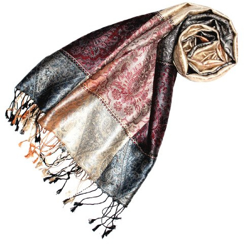Lorenzo Cana Luxus Pashmina damhalsduk jacquard vävd 100 % siden, 70 cm x 190 cm parallellmönster brun beige sidenhalsduk sidenduk sidenpashmina 78079