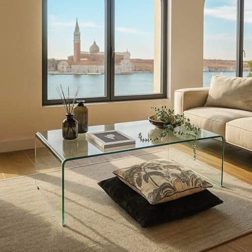 Homely® Mesa de Centro Murano 110x60x38 cm. | Cristal Curvado Templado de una Pieza Grosor 12mm. | Diseño Minimalista Ideal para Salones Modernos (Cristal Transparente)