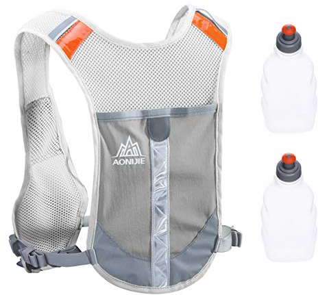 TRIWONDER Laufweste Damen und Herren, Leichter Trinkrucksack mit verstellbaren Brustgurten, Reflektierende Trinkweste für Trailrunning Marathon Wandern Radfahren (Grau - mit 2 Wasserflaschen)