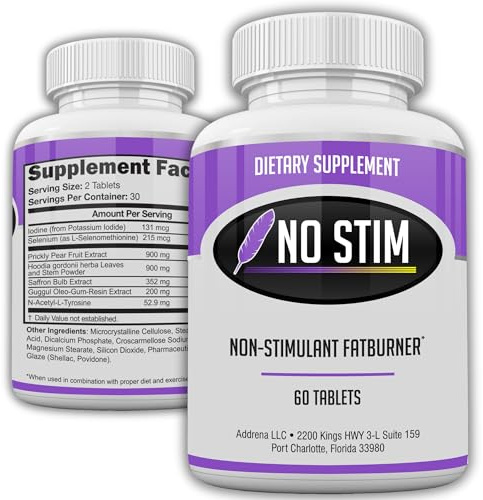 No-Stim Non Stimulant Fat Burner Diet Pills that Work- Appetite Suppressant & Best Caffeine Free Weight Loss Supplement- Natural Thermogenic Fat Loss Pill- 60 Tablets