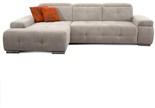 CAVADORE Schlafsofa Mistrel mit Longchair XL links / Große Eck-Couch im modernen Design / Mit Bettfunktion / Inkl. verstellbare Kopfteile / Wellenunterfederung / 273 x 77 x 173 / Kati Grau-Weiss