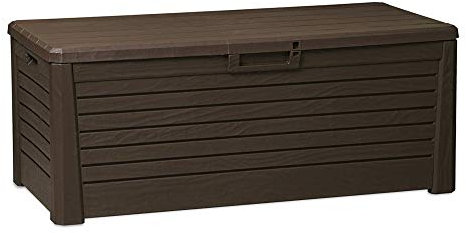 Toomax baule Florida con seduta, finitura effetto legno, colore marrone, volume 550 litri, dimensioni di 148x72x60h.