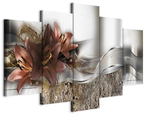 B&D XXL - Wandbilder XXL Blumen 200x100cm 5 tlg - Wand Deko Leinwand Bilder Groß Wanddeko Wohnzimmer Schlafzimmer Kunstdrucke - Lilien Abstrakt Diamant Textur silber dunkelrot