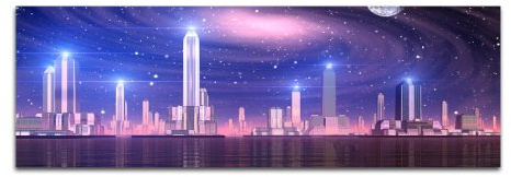 Paul Sinus Art Panoramabild auf Leinwand und Keilrahmen 120x40cm Stadt Skyline Nacht Sterne futuristisch Fantasie