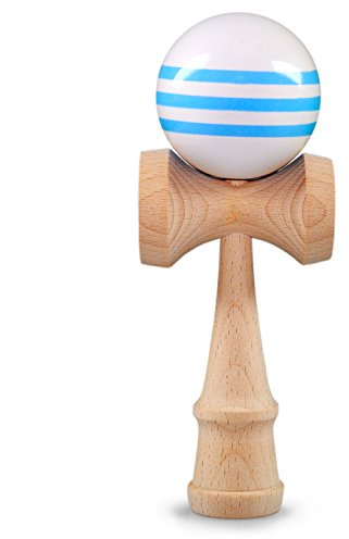 Ganzoo Kendama av bokträ, japanskt skicklighetsspel med boll med hål, 3 fångkoppar, spets och ergonomiskt handtag, nylonlina, för koordination, koncentration och tricks, vit blå trä 16 cm