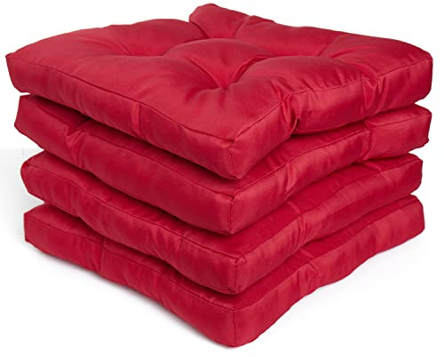 Rohi Pack of 4 Luxury Chair Pads with Ties – Water Resistant Garden Seat Pads for Dining Chairs – 5cm Thickness Quilted Design Chair Cushions – 38x38x5cm (Red)