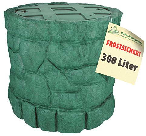 Regentonne Märchenbrunnen 330 l, Regenfass FROSTSICHER wie gemauert mit stabilem Deckel und Wasserhahn, schöner und Fast unverwüstlicher Regenspeicher (grün)