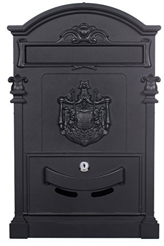 Sarah B LB-001-Long - Cassetta portalettere pregiata, da parete, in stile inglese antico, in alluminio pressofuso, altezza 47 cm, colore: Nero Inclusi elementi per il fissaggio a parete. Con 2 chiavi in materiale inossidabile.
