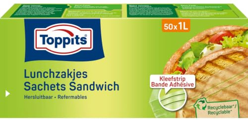 Toppits Silikon Frühstücks-Beutel 50 x 1L (19 x 18cm), Luftdicht, Wiederverwendbar, Versiegelt mit Schiebeverschluss