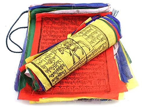 YAKEBA | Tibetische Gebetsfahne - 7,10 Meter | 30 Fähnchen (je 21x25cm) | Gebetsfahnen aus 100% Baumwolle | Traditioneller Holzmodeldruck | Wimpelkette Stoff outdoor | Fahne Garten