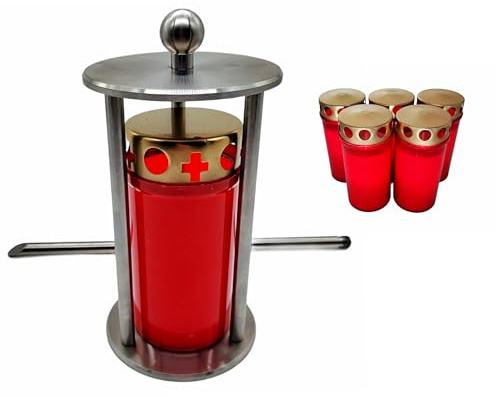 Edelstahl Grablaterne + 5 Kerzen – Rostfreie Grablampe mit Spieß oder Sockel aus Granit, Grableuchte für Kerzen, langlebiges Grablicht für Friedhof, wetterfest, dekorativer Grabschmuck