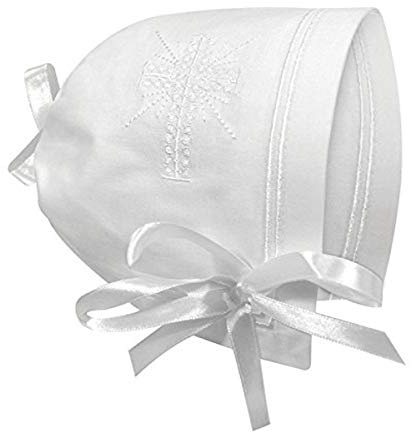 Stephan Baby Bonnets - White Cotton Christening Bonnet with Cutwork Embroidered Cross and Satin Bows, One Size, Straight Hem