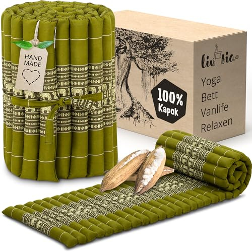 livasia Rollmatte Rollmatratze S schmal - 200x50x4,5cm - Gästebett Gästematratze 1 Person mit Muster, Reisebett Kofferraum outdoor, Thaimatte Kapok für Garten Balkon handgefertigt (Grün/Elefanten)