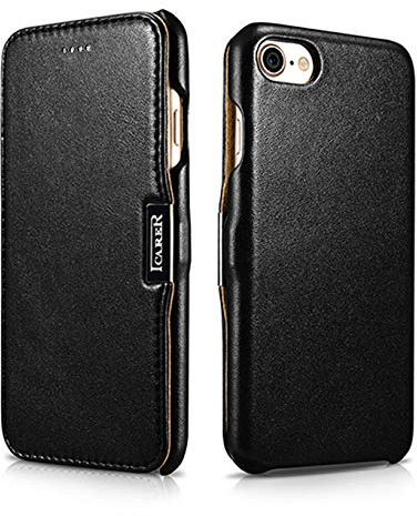 ICARER Hülle für iPhone SE 2022, 2020, 8, 7, Case mit Leder, Schwarz | Handyhülle mit echtem Leder, Schutzhülle, dünne Handy-Tasche, slim Cover, Klapphülle, Etui seitlich aufklappbar, 4,7 Zoll