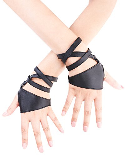 JISEN Fingerlose Damen-Handschuhe mit halber Handfläche, PU-Leder, Nacht-Bar, Punk-Handschuhe, Schwarz, One Size