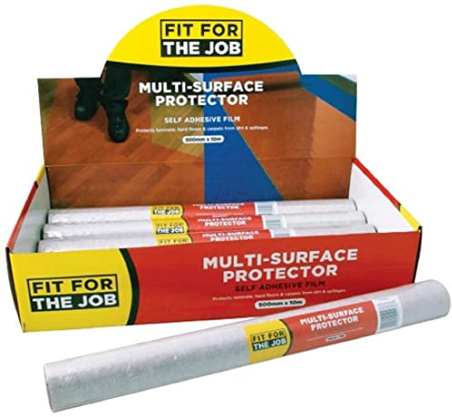Fit For The Job 10m x 500mm Multi-Surface Protector -Waterproof Self-Adhesive Film for Temporary Protection of Carpets, Wood & Tiled Floors Against Dirt, Paint & Spills, Puncture Resistant, No Residue