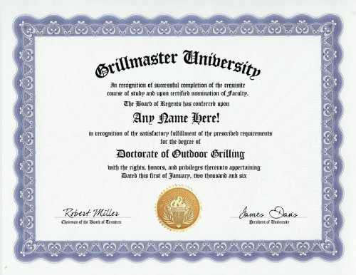 Grilling BBQ Grill Grillmaster Degree: Custom Gag Diploma Doctorate Certificate (Funny Customized Joke Gift - Novelty Item)