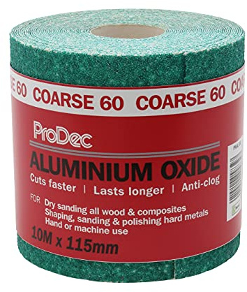 ProDec Rollo de 10 m de papel de lija abrasivo de óxido de aluminio verde de grano grueso de 60 G para lijar madera, pintura, masilla, metal y más, papel de lija de 115 mm