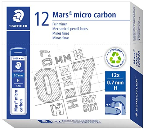 STAEDTLER Mars micro carbon 250 Minen – 0,7 mm H, 12 Stück | Feinminen für Druckbleistift, bruchfest & stabil – in Dose – Art.-Nr. 250 07-H