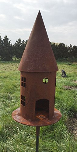 VOGELHAUS Futterhaus ZUM BELEUCHTEN H45cm + Stab Gartenstecker Edelrost Metall + Original Pflegeanleitung von Steinfigurenwelt