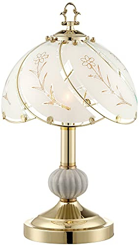 Regency Hill Traditional Accent Table Lamp 15 High Polished Brass Gold Floral Etched Art Glass Shade Touch On Off Cottage Core Decor for Bedroom House Bedside Nightstand Home Office