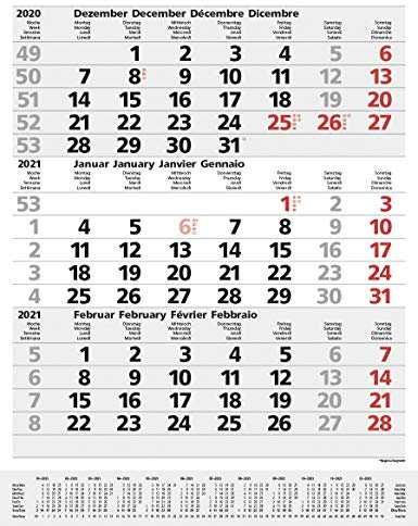 3-Monats-Planer Comfort Grau 2021: 3-Monatskalender groß I Wandplaner / Bürokalender mit Datumsschieber, Vor-und Nachmonat und Jahresübersicht I 30 x 39 cm