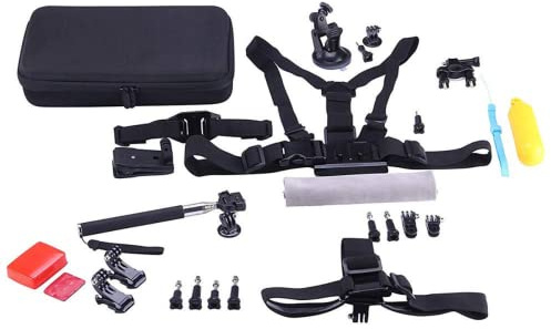 NK-KA3100-FO, Kit de Accesorios para Cámara de Acción 44 en 1, Estuche de Transporte, Soporte Manillar y Ventosa, Palo Selfie, Soporte de Mano, Cabeza y Hebilla, Flotador de Esponja, Adhesivos 3M