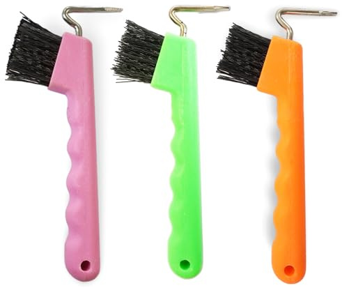 Hufkratzer für Pferde Esel Ziegen Huf mit extra Stabiler Bürste und ergonomischen Griff (Grün+Orange+Pink)
