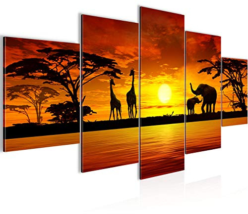 Runa Art - Väggmålningar Afrika Solnedgång 200 x 100 cm 5 Delar XXL Väggdekoration Design Orange 000251a